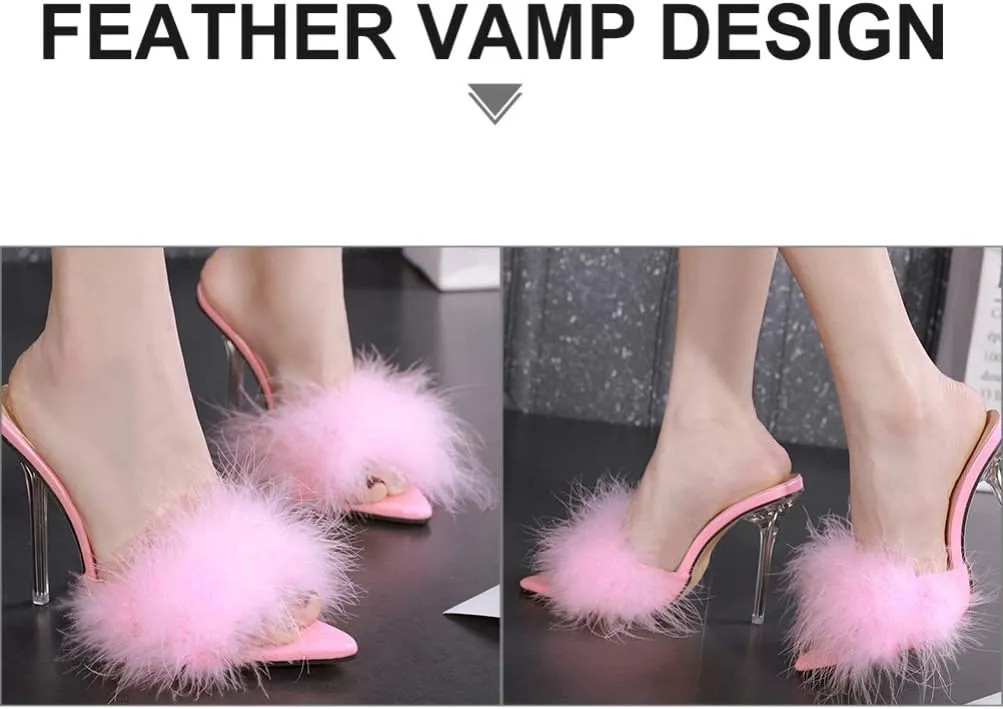 1 Pair Pink Womens Fluffy Faux Feather High Heels Stiletto Sandals Pointed Toe Stiletto High Heels Sexy Sandal Shoes Slipper