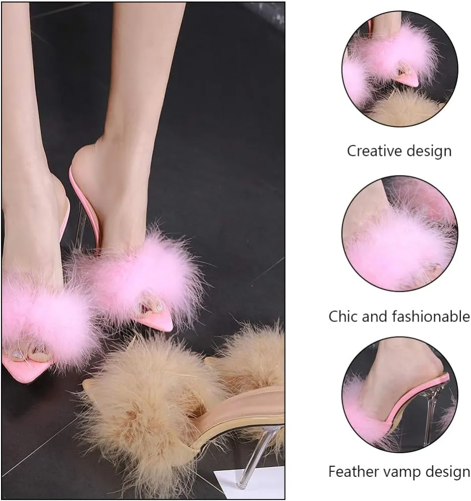 1 Pair Pink Womens Fluffy Faux Feather High Heels Stiletto Sandals Pointed Toe Stiletto High Heels Sexy Sandal Shoes Slipper
