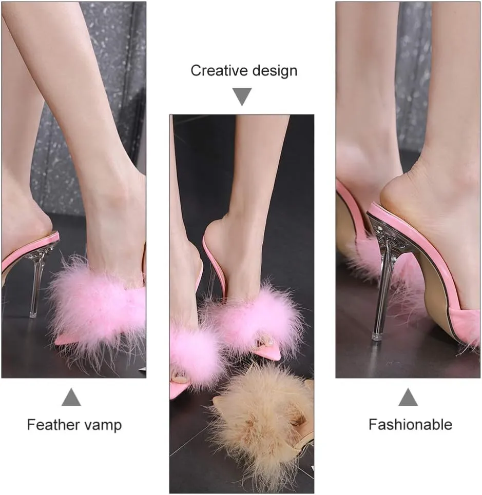1 Pair Pink Womens Fluffy Faux Feather High Heels Stiletto Sandals Pointed Toe Stiletto High Heels Sexy Sandal Shoes Slipper