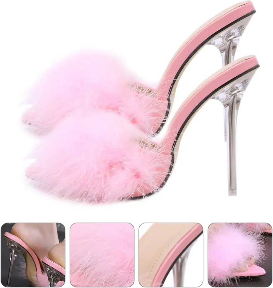 1 Pair Pink Womens Fluffy Faux Feather High Heels Stiletto Sandals Pointed Toe Stiletto High Heels Sexy Sandal Shoes Slipper