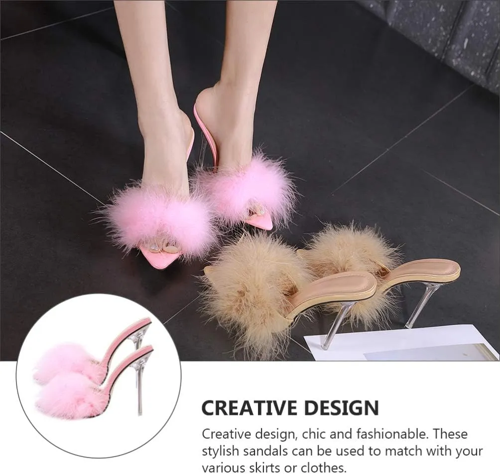 1 Pair Pink Womens Fluffy Faux Feather High Heels Stiletto Sandals Pointed Toe Stiletto High Heels Sexy Sandal Shoes Slipper