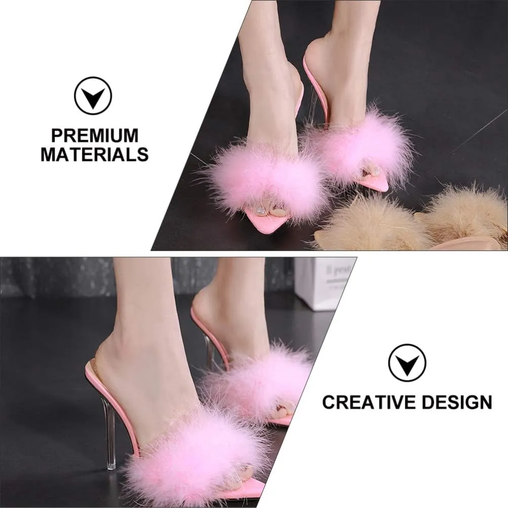 1 Pair Pink Womens Fluffy Faux Feather High Heels Stiletto Sandals Pointed Toe Stiletto High Heels Sexy Sandal Shoes Slipper