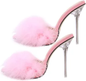 1 Pair Pink Womens Fluffy Faux Feather High Heels Stiletto Sandals Pointed Toe Stiletto High Heels Sexy Sandal Shoes Slipper