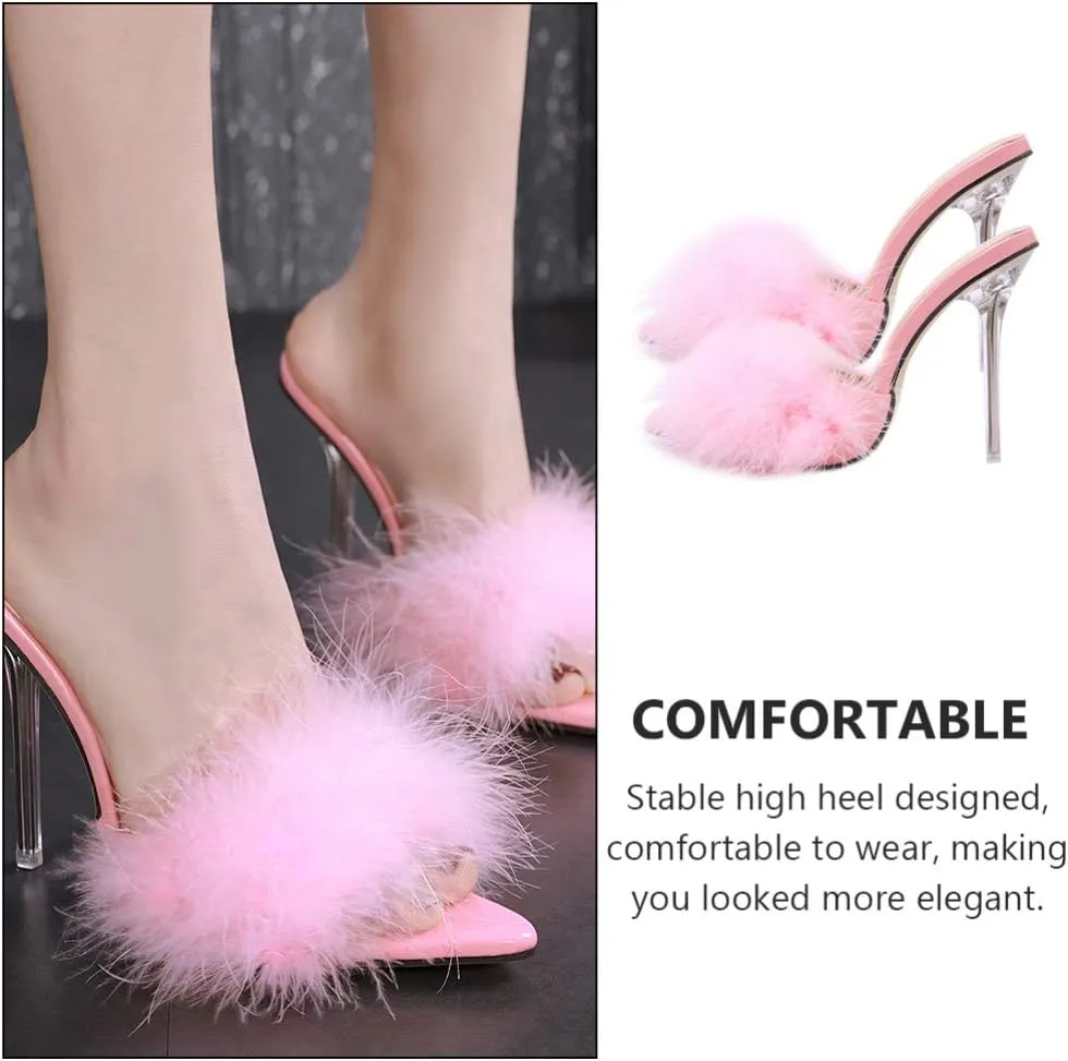 1 Pair Pink Womens Fluffy Faux Feather High Heels Stiletto Sandals Pointed Toe Stiletto High Heels Sexy Sandal Shoes Slipper