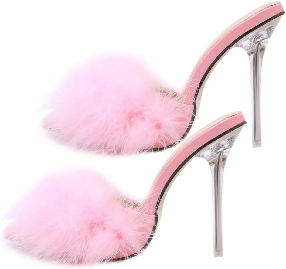 1 Pair Pink Womens Fluffy Faux Feather High Heels Stiletto Sandals Pointed Toe Stiletto High Heels Sexy Sandal Shoes Slipper