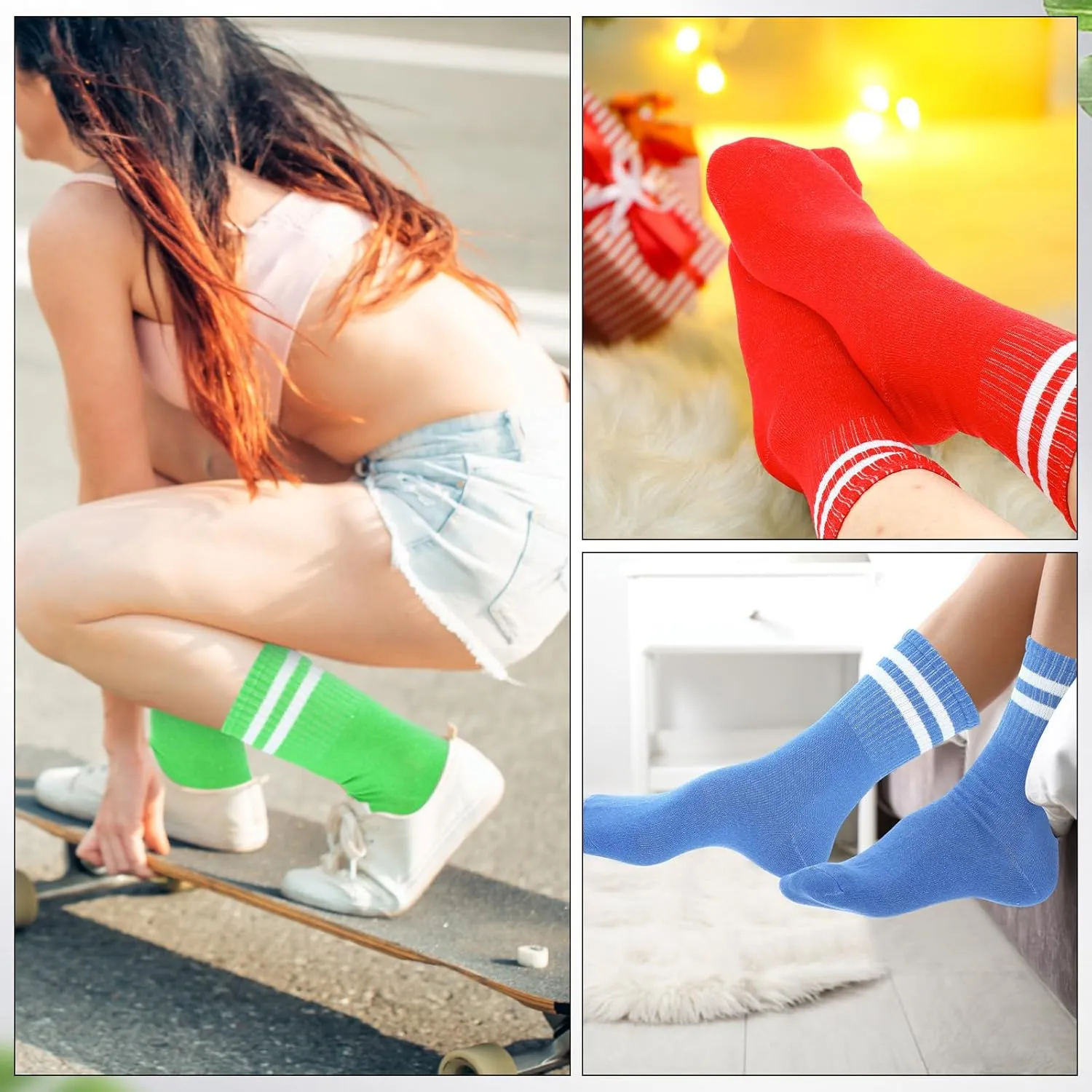 20 Pairs Colorful Striped Crew Socks Athletic Crew Solid Color Striped Cotton Tube Half Women Men Socks