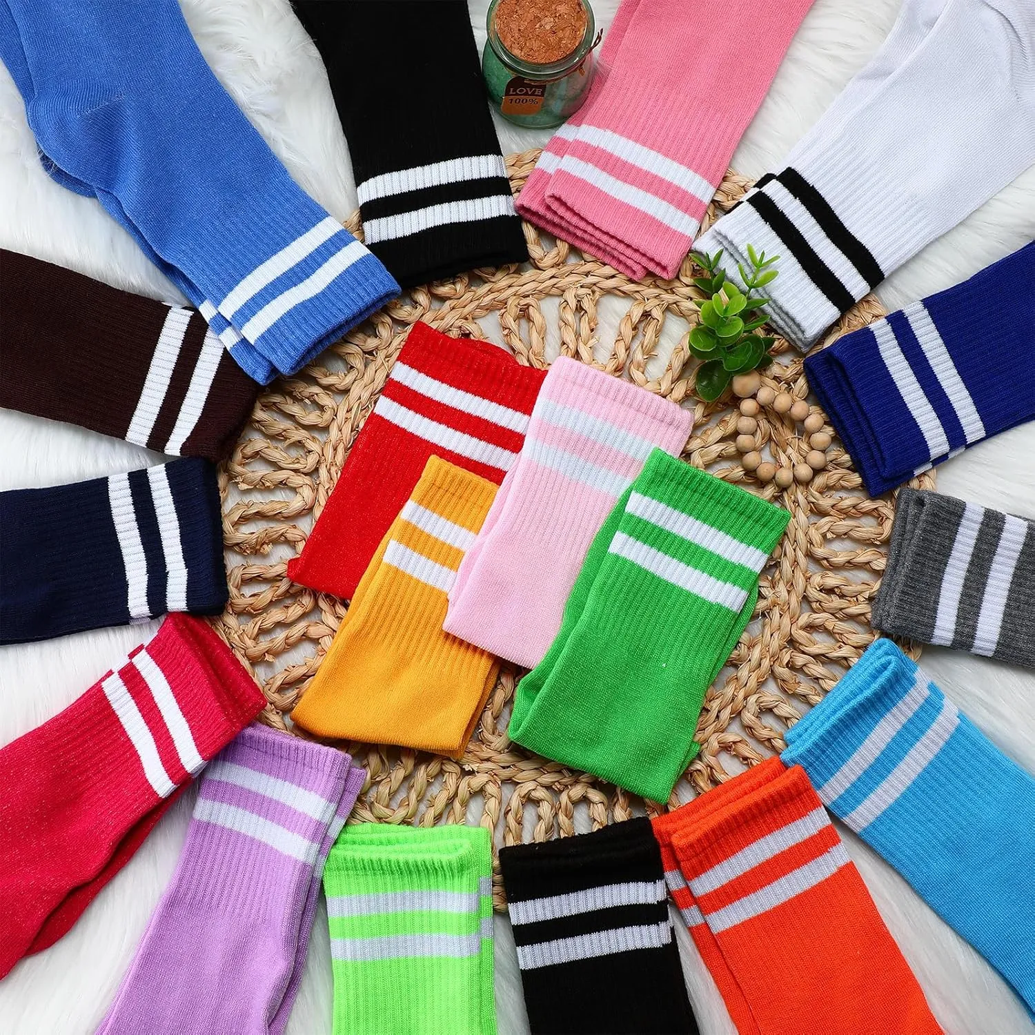 20 Pairs Colorful Striped Crew Socks Athletic Crew Solid Color Striped Cotton Tube Half Women Men Socks