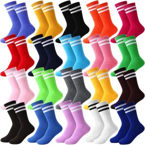 20 Pairs Colorful Striped Crew Socks Athletic Crew Solid Color Striped Cotton Tube Half Women Men Socks