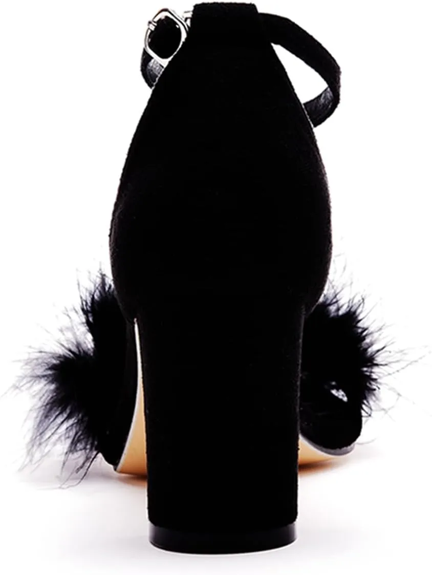 3 Inches Women's Ankle Strap Fluffy Feather Ankle Strap Block Heels Sandals Open Toe Party Evening High Heel Pump Shoes