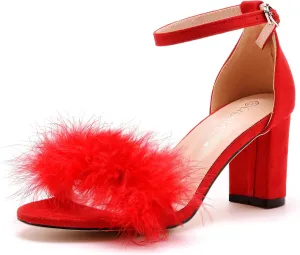 3 Inches Women's Ankle Strap Fluffy Feather Ankle Strap Block Heels Sandals Open Toe Party Evening High Heel Pump Shoes