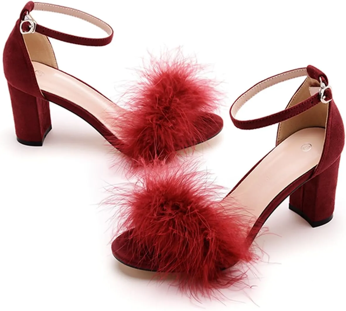 3 Inches Women's Ankle Strap Fluffy Feather Ankle Strap Block Heels Sandals Open Toe Party Evening High Heel Pump Shoes