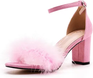 3 Inches Women's Ankle Strap Fluffy Feather Ankle Strap Block Heels Sandals Open Toe Party Evening High Heel Pump Shoes