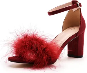 3 Inches Women's Ankle Strap Fluffy Feather Ankle Strap Block Heels Sandals Open Toe Party Evening High Heel Pump Shoes