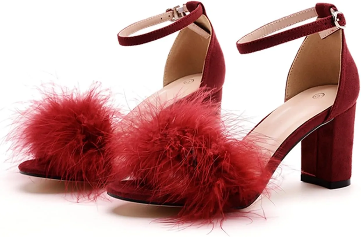 3 Inches Women's Ankle Strap Fluffy Feather Ankle Strap Block Heels Sandals Open Toe Party Evening High Heel Pump Shoes