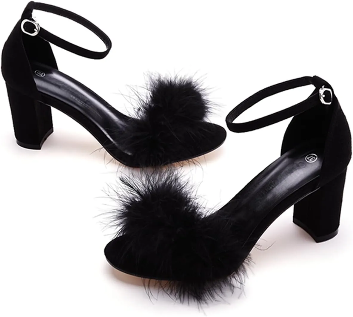 3 Inches Women's Ankle Strap Fluffy Feather Ankle Strap Block Heels Sandals Open Toe Party Evening High Heel Pump Shoes
