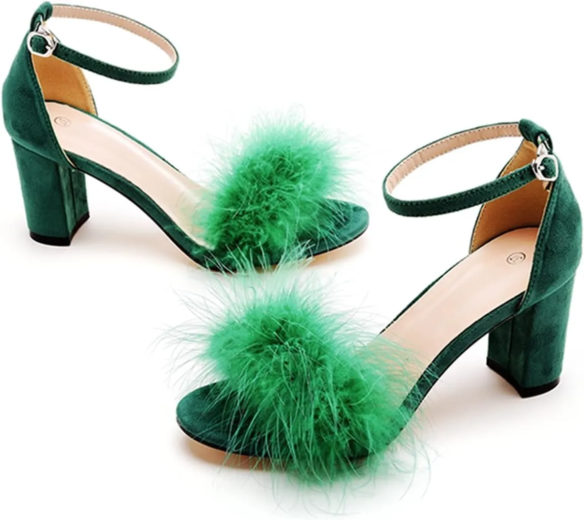 3 Inches Women's Ankle Strap Fluffy Feather Ankle Strap Block Heels Sandals Open Toe Party Evening High Heel Pump Shoes
