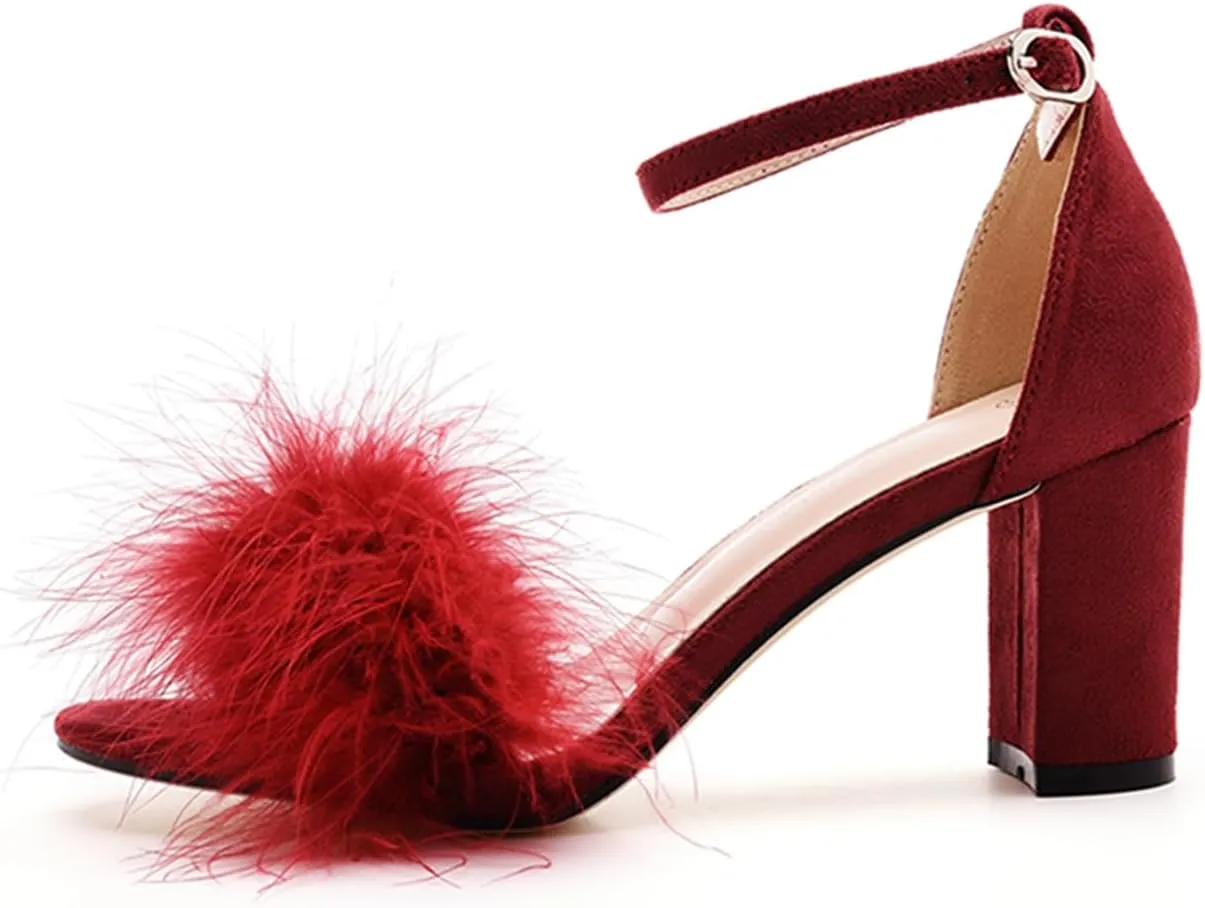 3 Inches Women's Ankle Strap Fluffy Feather Ankle Strap Block Heels Sandals Open Toe Party Evening High Heel Pump Shoes