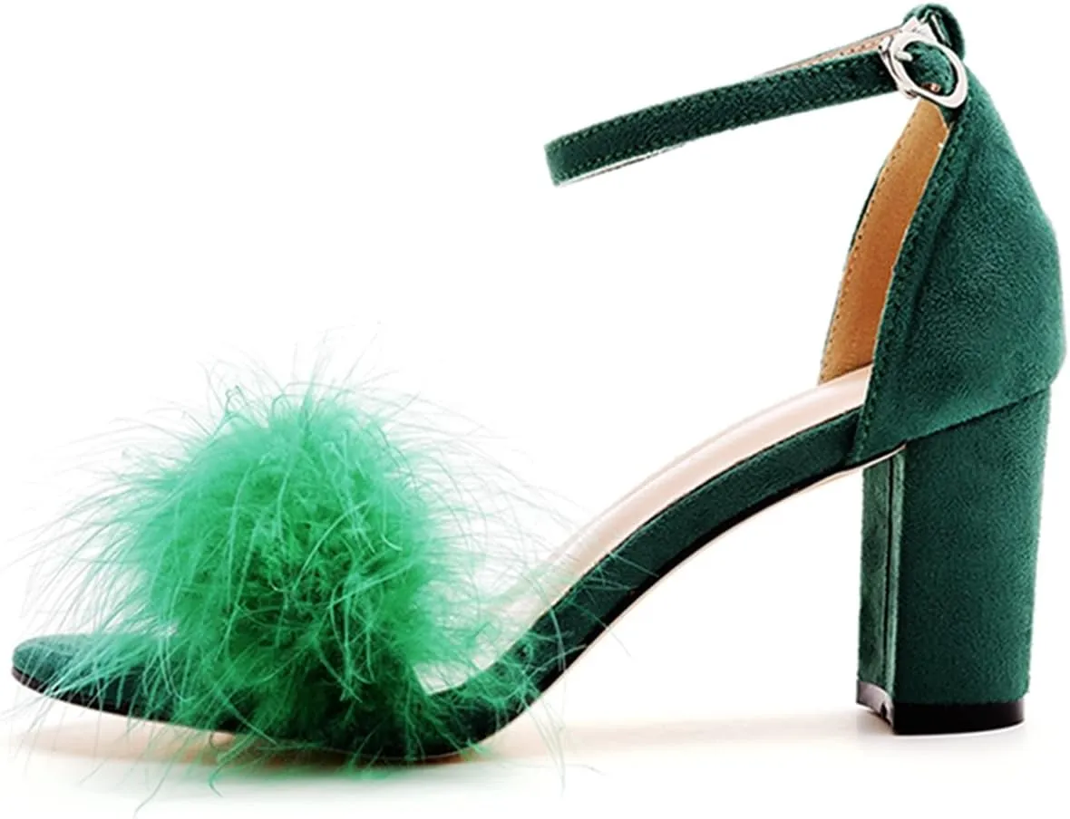 3 Inches Women's Ankle Strap Fluffy Feather Ankle Strap Block Heels Sandals Open Toe Party Evening High Heel Pump Shoes