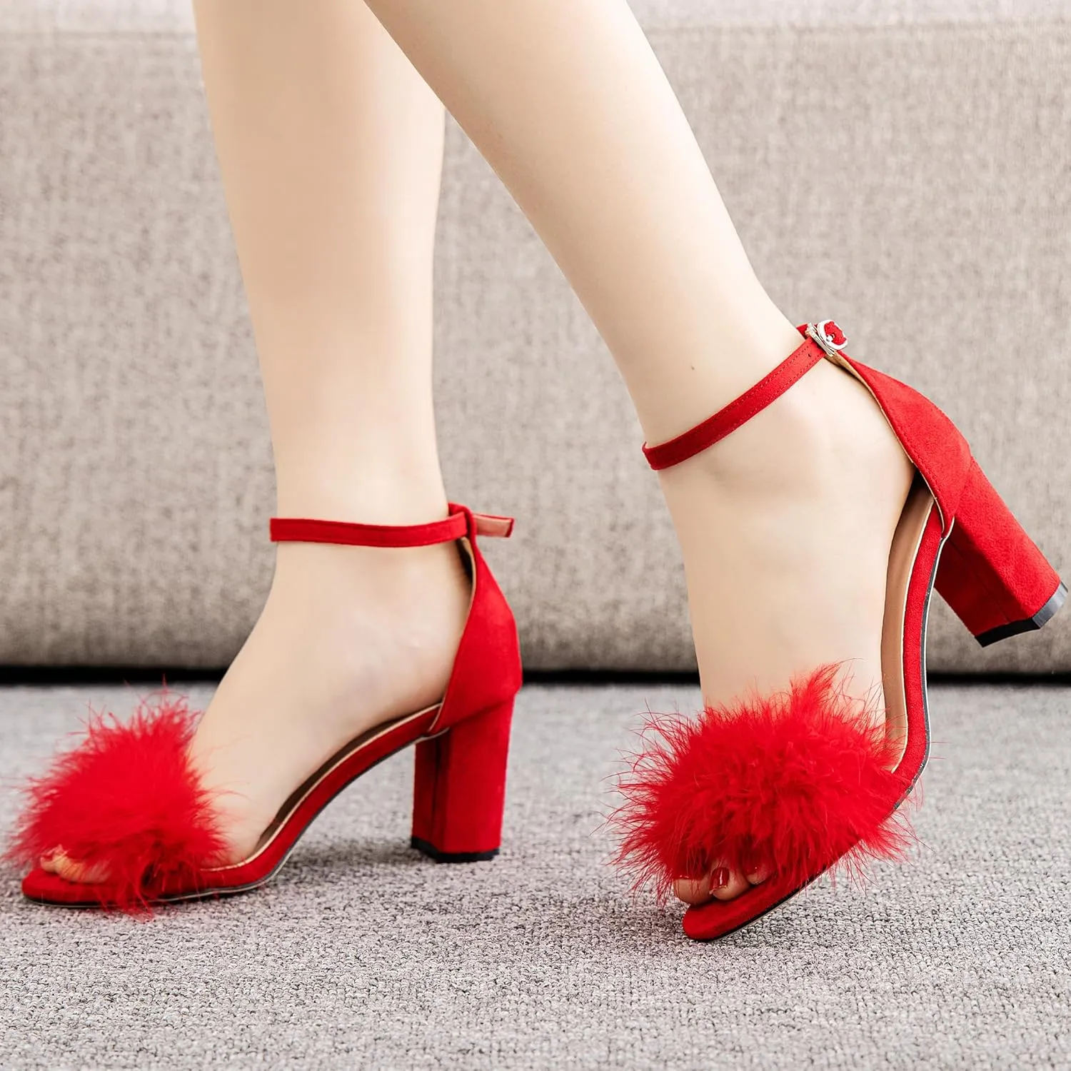 3 Inches Women's Ankle Strap Fluffy Feather Ankle Strap Block Heels Sandals Open Toe Party Evening High Heel Pump Shoes