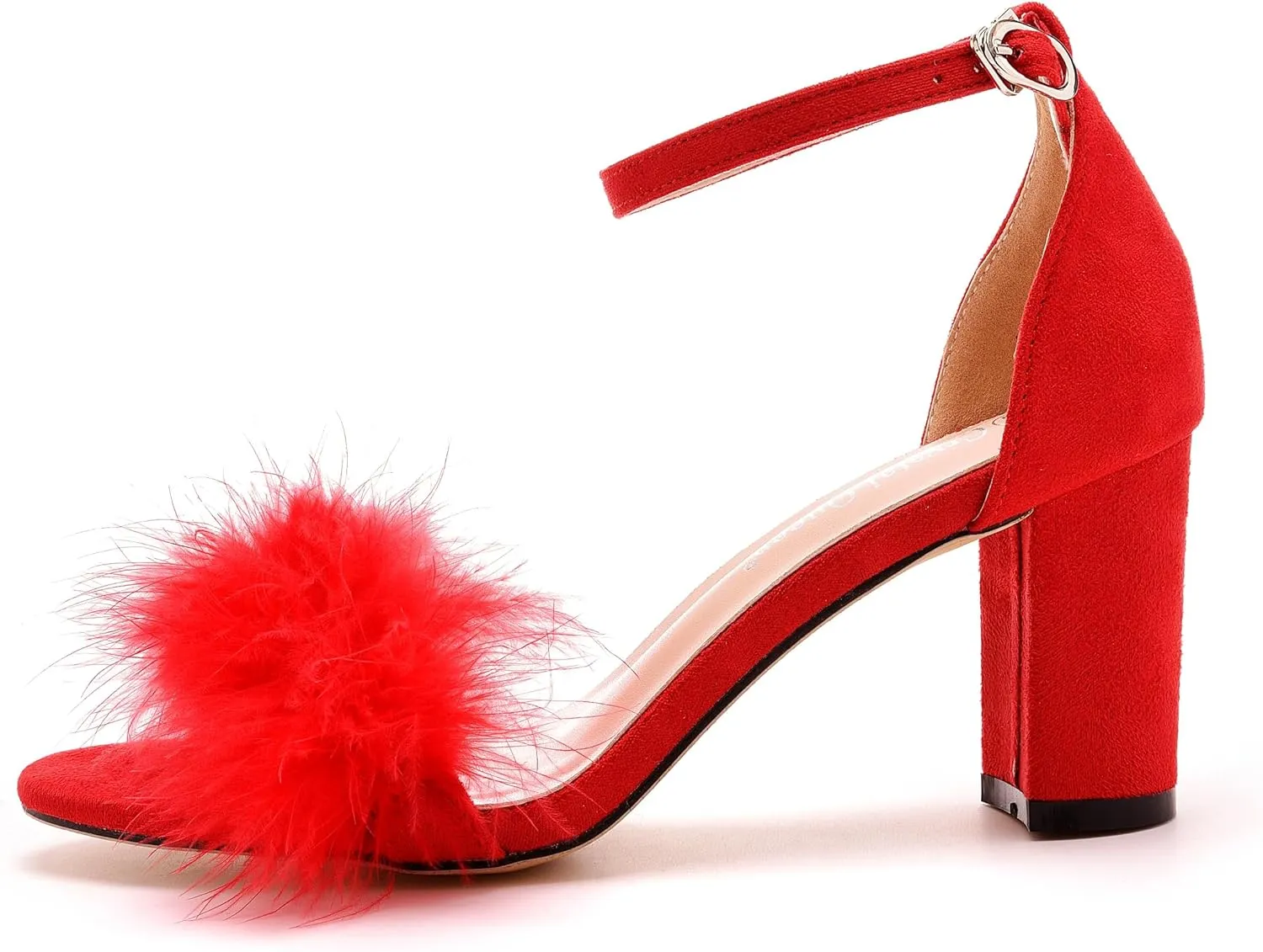 3 Inches Women's Ankle Strap Fluffy Feather Ankle Strap Block Heels Sandals Open Toe Party Evening High Heel Pump Shoes