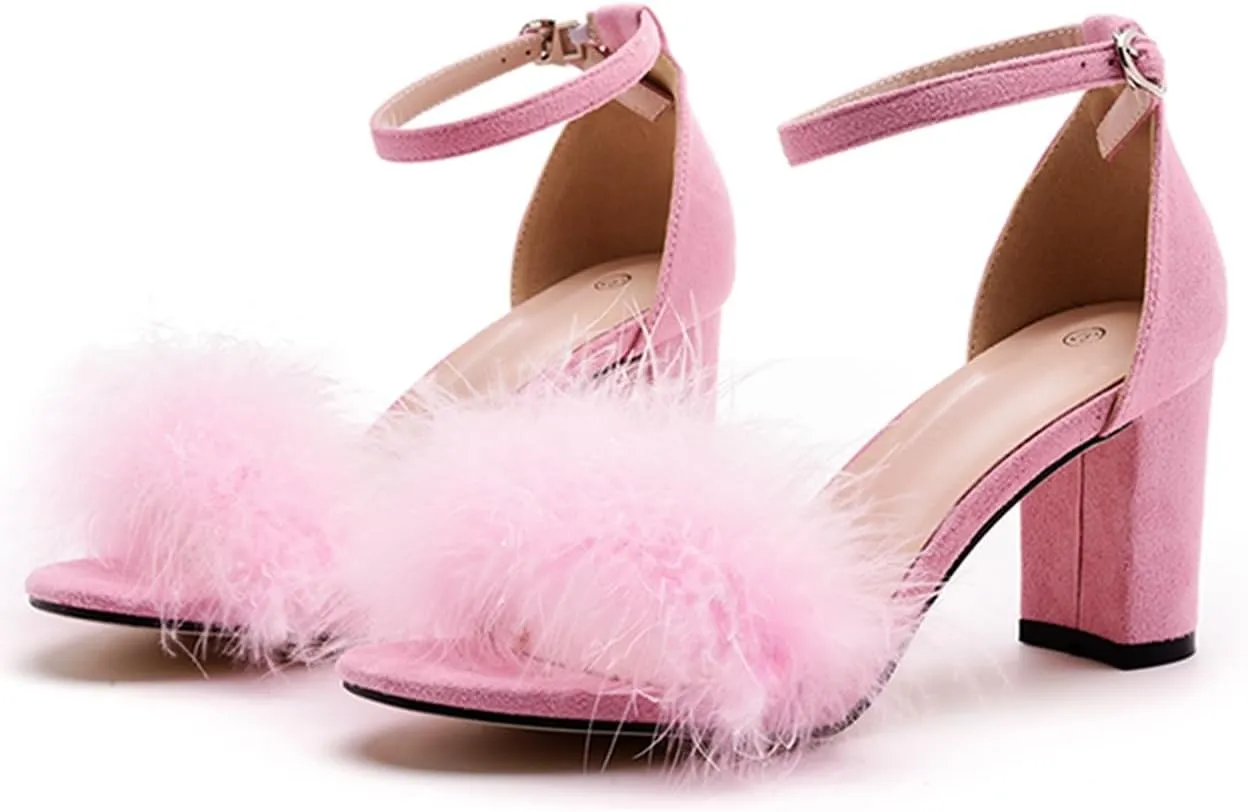 3 Inches Women's Ankle Strap Fluffy Feather Ankle Strap Block Heels Sandals Open Toe Party Evening High Heel Pump Shoes