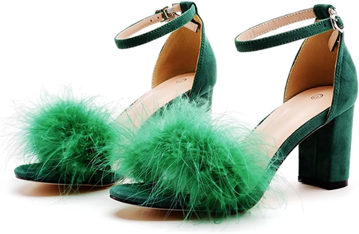 3 Inches Women's Ankle Strap Fluffy Feather Ankle Strap Block Heels Sandals Open Toe Party Evening High Heel Pump Shoes