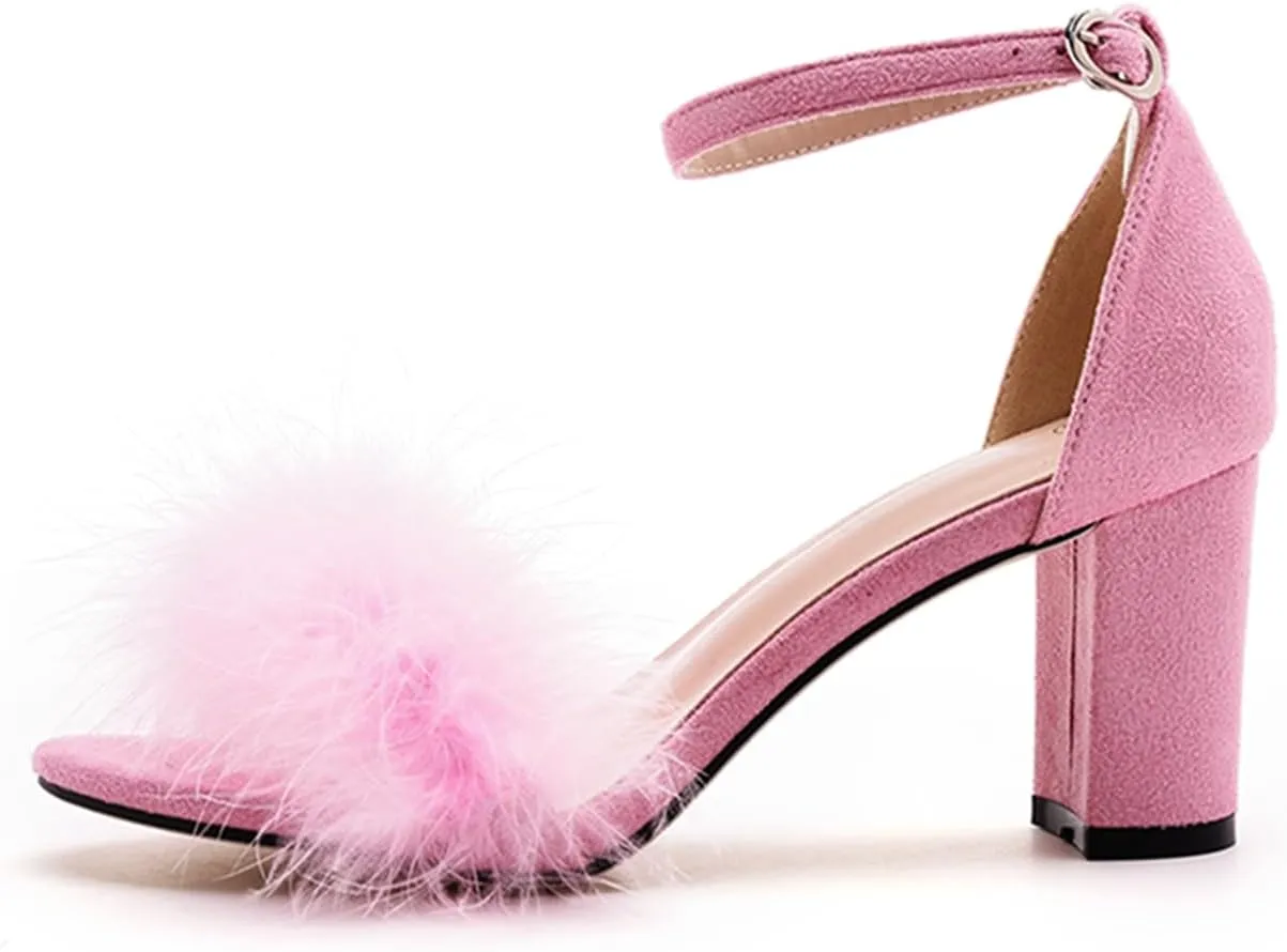 3 Inches Women's Ankle Strap Fluffy Feather Ankle Strap Block Heels Sandals Open Toe Party Evening High Heel Pump Shoes