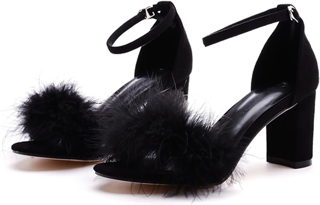 3 Inches Women's Ankle Strap Fluffy Feather Ankle Strap Block Heels Sandals Open Toe Party Evening High Heel Pump Shoes