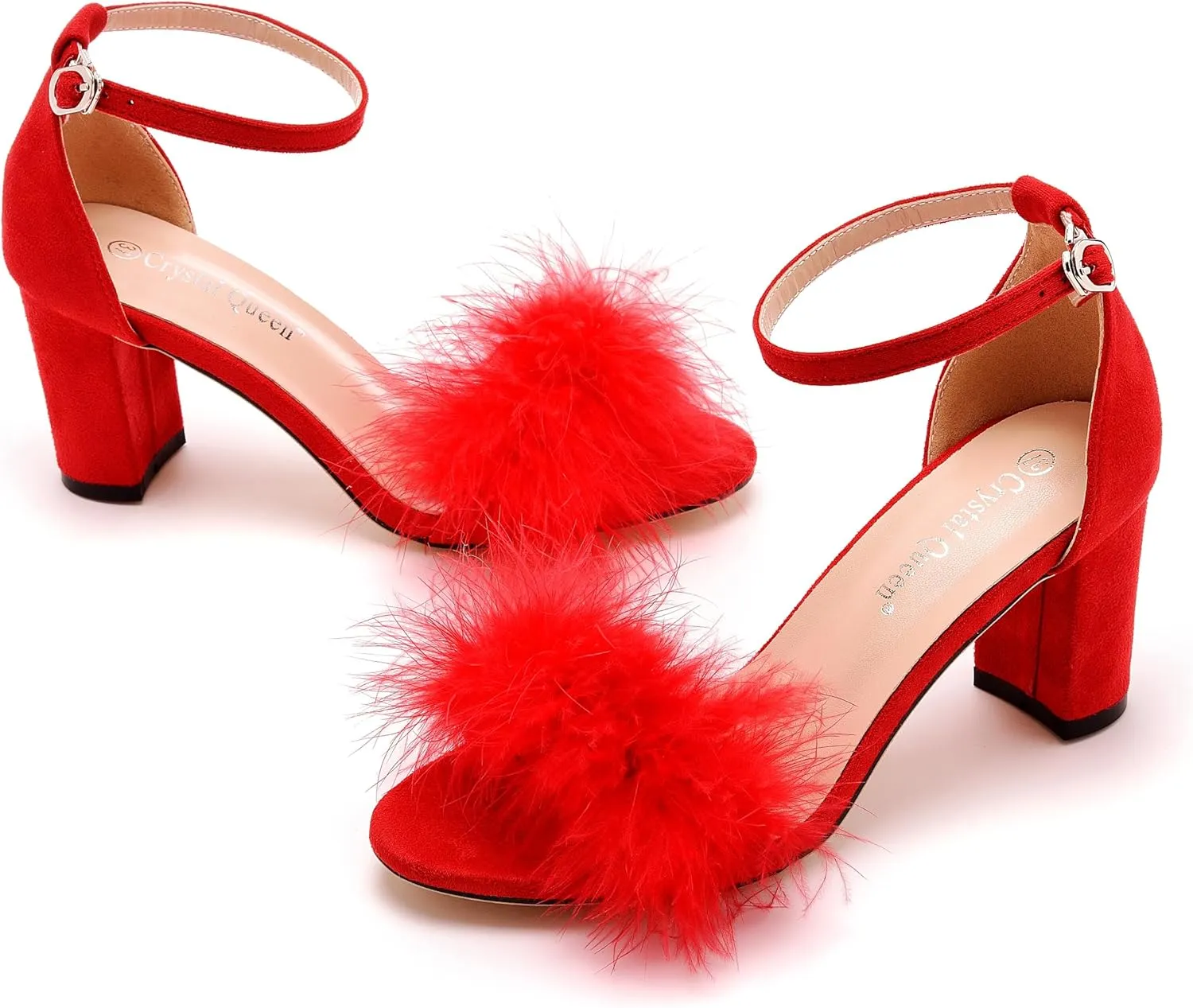 3 Inches Women's Ankle Strap Fluffy Feather Ankle Strap Block Heels Sandals Open Toe Party Evening High Heel Pump Shoes