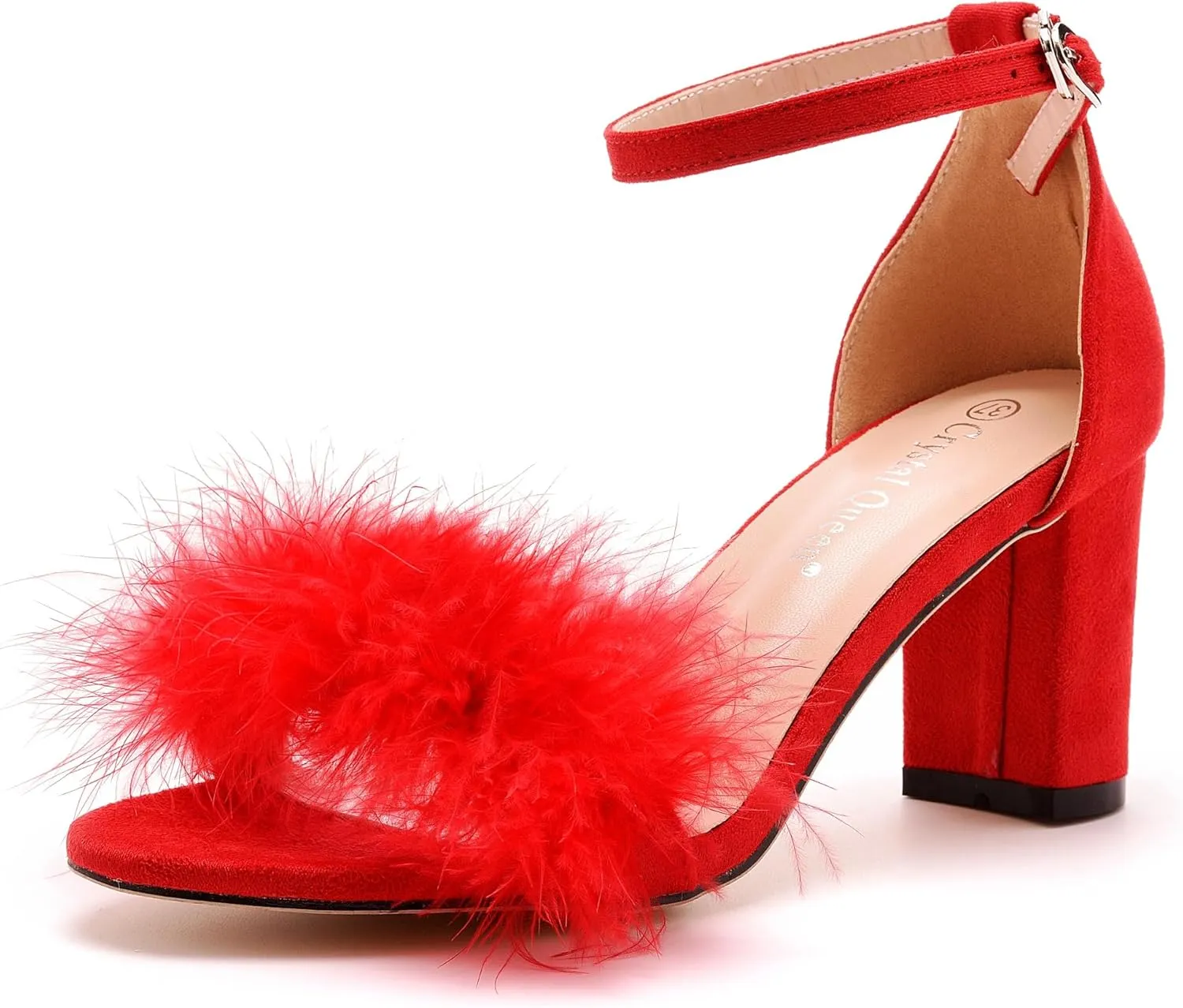 3 Inches Women's Ankle Strap Fluffy Feather Ankle Strap Block Heels Sandals Open Toe Party Evening High Heel Pump Shoes