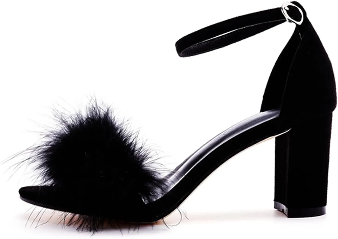 3 Inches Women's Ankle Strap Fluffy Feather Ankle Strap Block Heels Sandals Open Toe Party Evening High Heel Pump Shoes