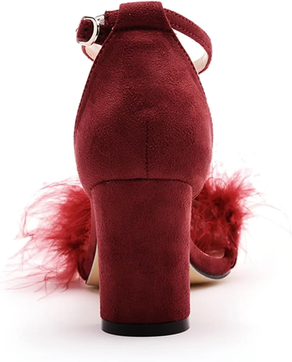 3 Inches Women's Ankle Strap Fluffy Feather Ankle Strap Block Heels Sandals Open Toe Party Evening High Heel Pump Shoes