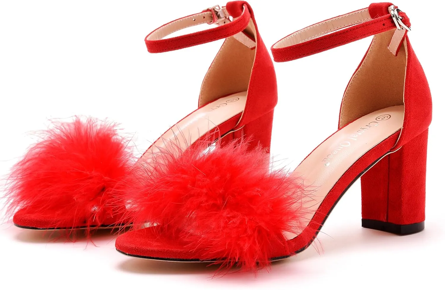 3 Inches Women's Ankle Strap Fluffy Feather Ankle Strap Block Heels Sandals Open Toe Party Evening High Heel Pump Shoes