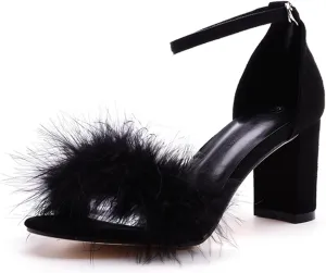 3 Inches Women's Ankle Strap Fluffy Feather Ankle Strap Block Heels Sandals Open Toe Party Evening High Heel Pump Shoes