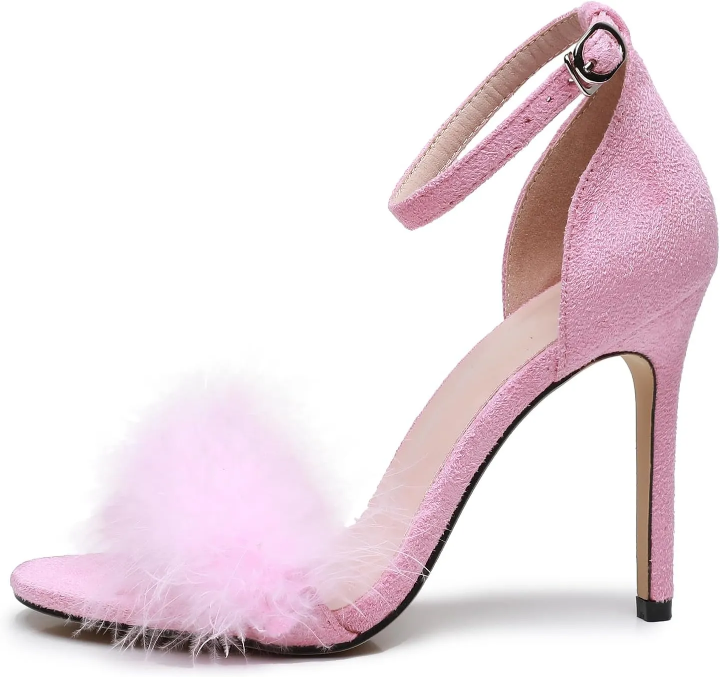 4.15 Inches Women's Ankle Strap Fluffy Feather Ankle Strap Stiletto Heels Sandals Open Toe Party Evening High Heel Pump Shoes