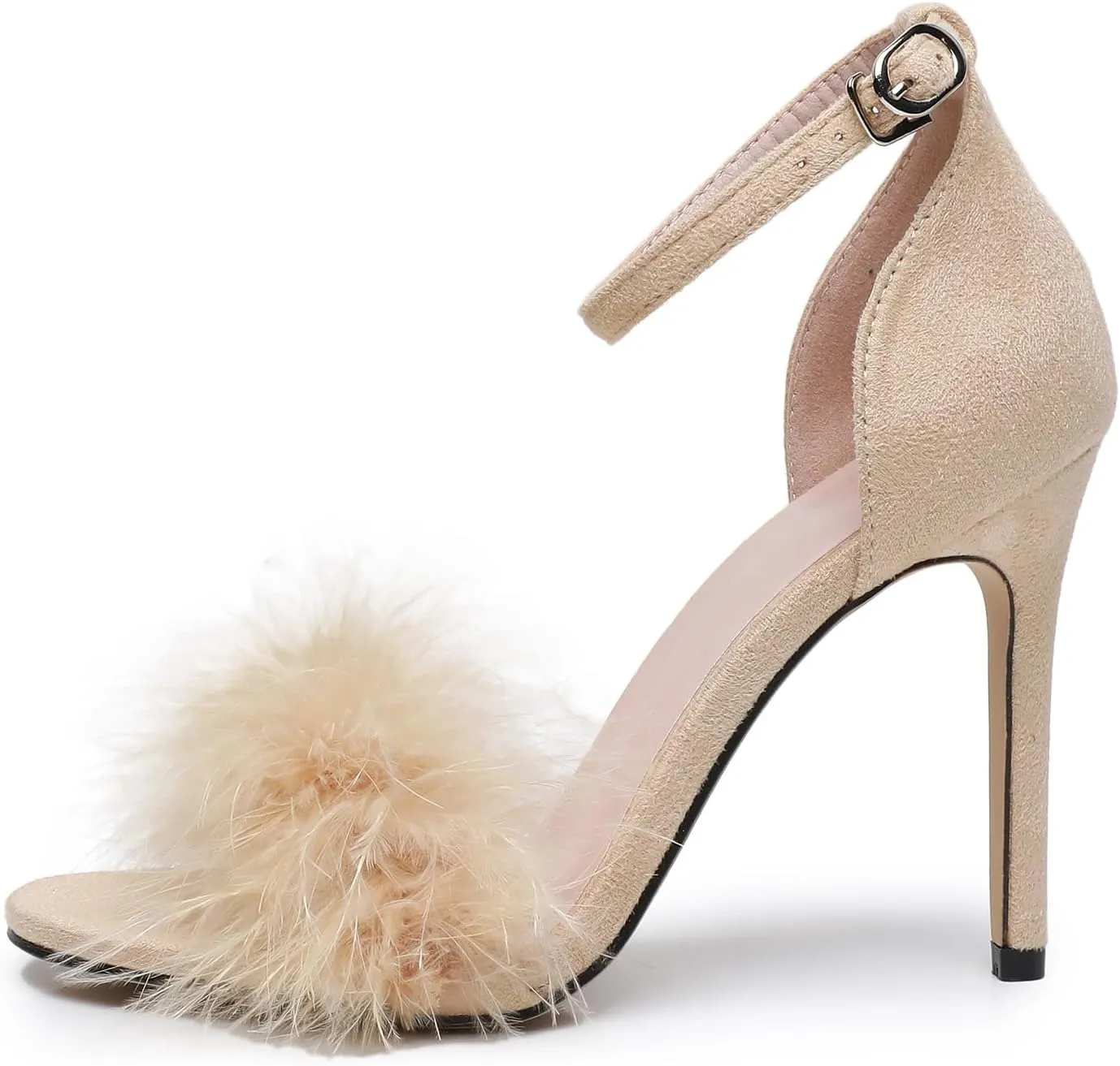 4.15 Inches Women's Ankle Strap Fluffy Feather Ankle Strap Stiletto Heels Sandals Open Toe Party Evening High Heel Pump Shoes