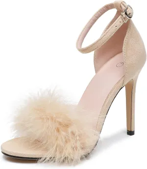 4.15 Inches Women's Ankle Strap Fluffy Feather Ankle Strap Stiletto Heels Sandals Open Toe Party Evening High Heel Pump Shoes