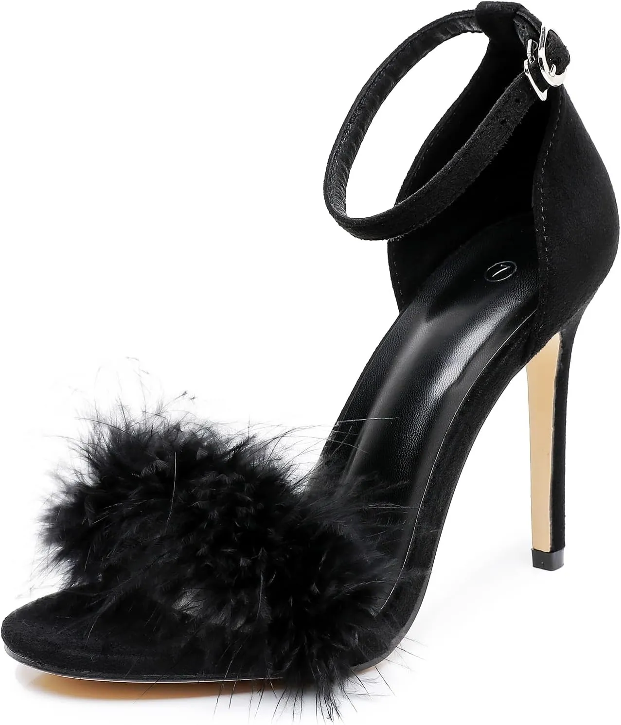 4.15 Inches Women's Ankle Strap Fluffy Feather Ankle Strap Stiletto Heels Sandals Open Toe Party Evening High Heel Pump Shoes