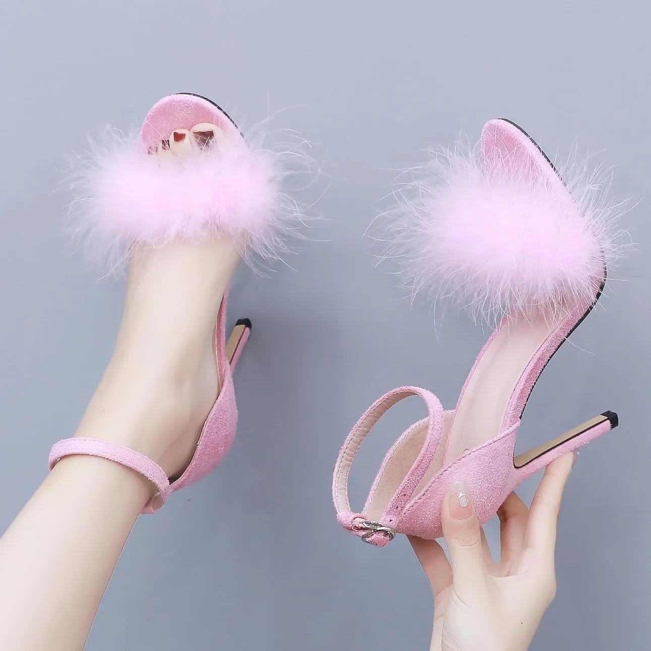 4.15 Inches Women's Ankle Strap Fluffy Feather Ankle Strap Stiletto Heels Sandals Open Toe Party Evening High Heel Pump Shoes