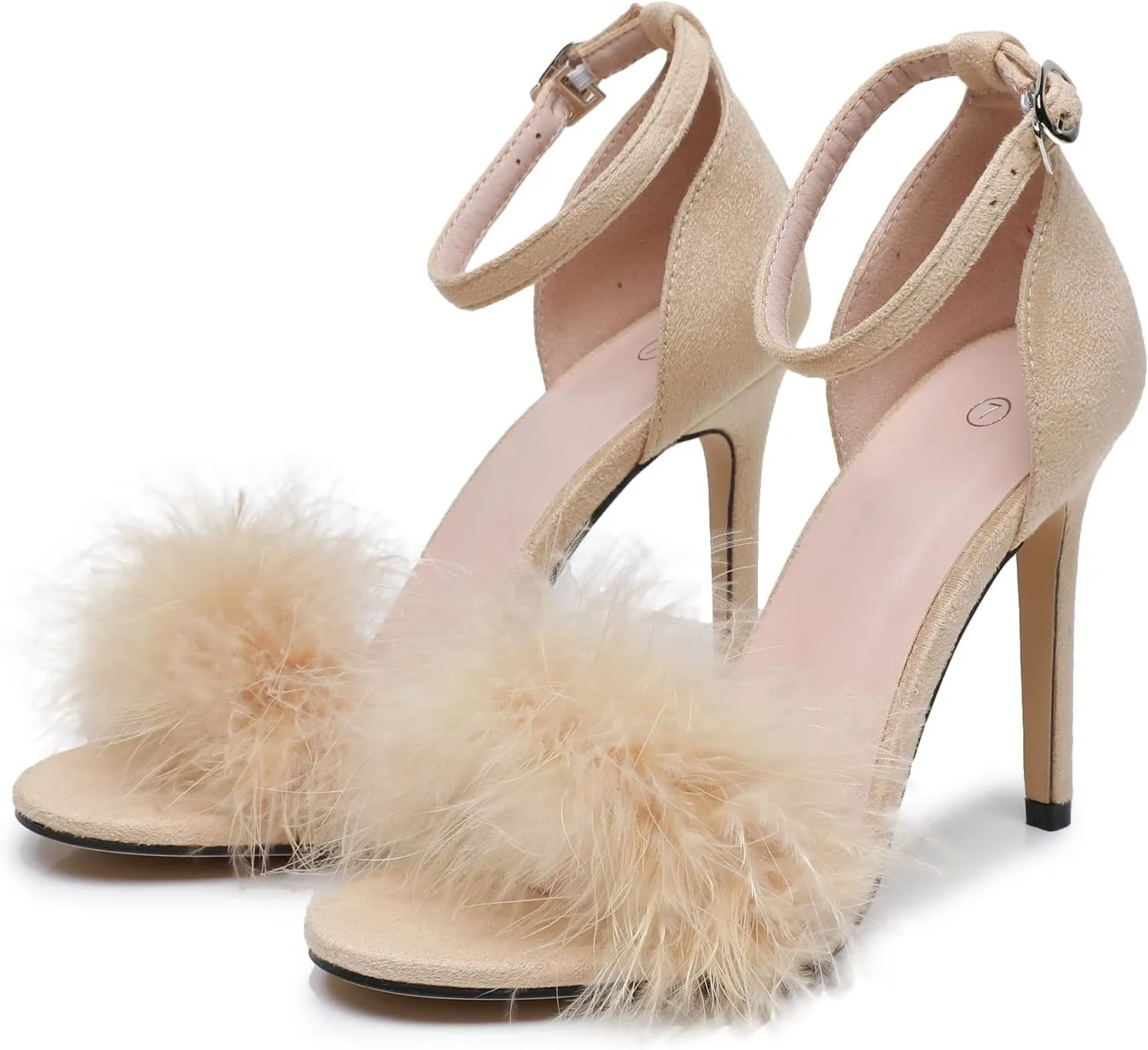 4.15 Inches Women's Ankle Strap Fluffy Feather Ankle Strap Stiletto Heels Sandals Open Toe Party Evening High Heel Pump Shoes