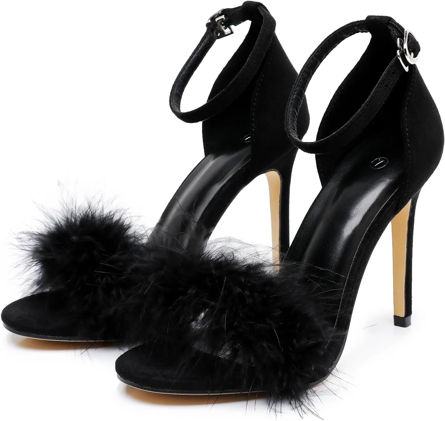 4.15 Inches Women's Ankle Strap Fluffy Feather Ankle Strap Stiletto Heels Sandals Open Toe Party Evening High Heel Pump Shoes