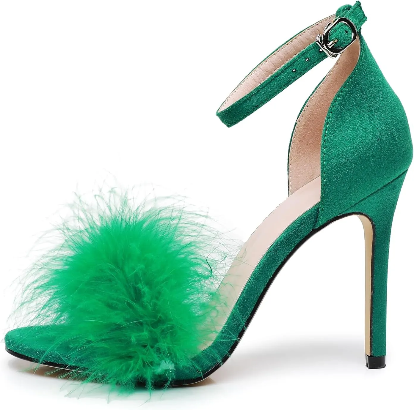 4.15 Inches Women's Ankle Strap Fluffy Feather Ankle Strap Stiletto Heels Sandals Open Toe Party Evening High Heel Pump Shoes