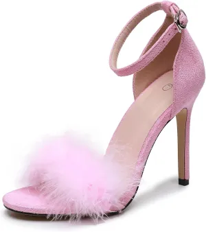 4.15 Inches Women's Ankle Strap Fluffy Feather Ankle Strap Stiletto Heels Sandals Open Toe Party Evening High Heel Pump Shoes