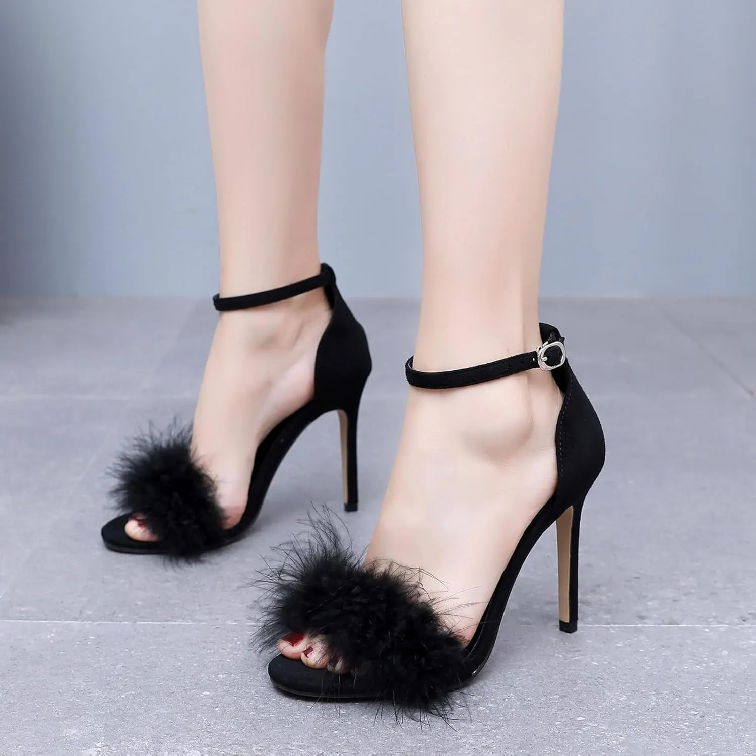 4.15 Inches Women's Ankle Strap Fluffy Feather Ankle Strap Stiletto Heels Sandals Open Toe Party Evening High Heel Pump Shoes