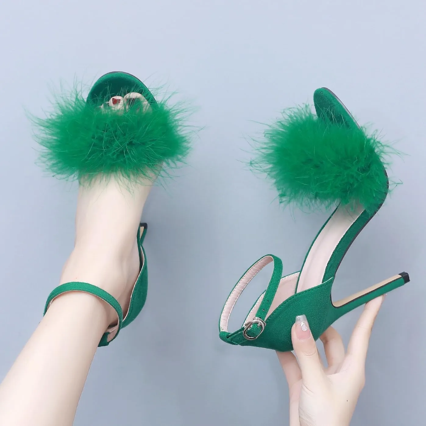 4.15 Inches Women's Ankle Strap Fluffy Feather Ankle Strap Stiletto Heels Sandals Open Toe Party Evening High Heel Pump Shoes