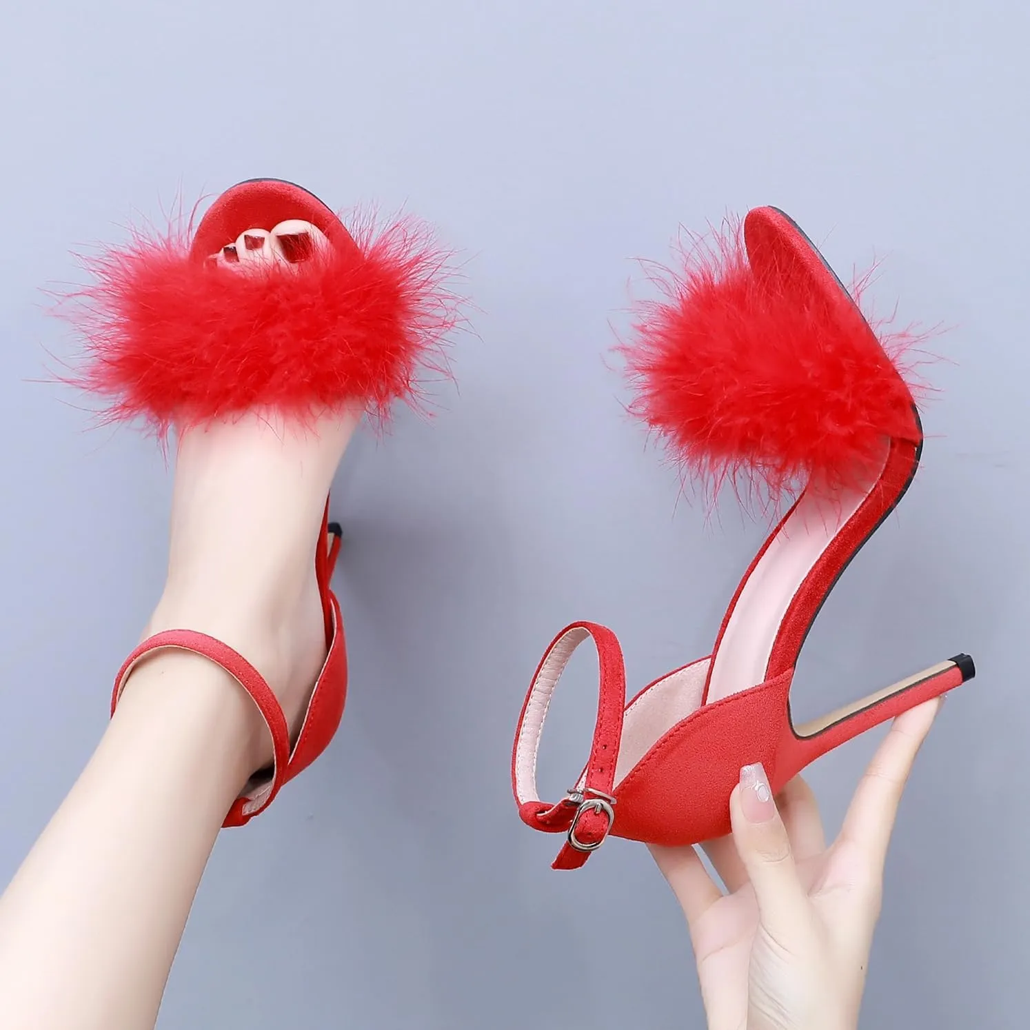 4.15 Inches Women's Ankle Strap Fluffy Feather Ankle Strap Stiletto Heels Sandals Open Toe Party Evening High Heel Pump Shoes