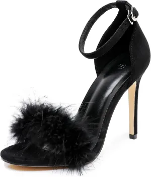 4.15 Inches Women's Ankle Strap Fluffy Feather Ankle Strap Stiletto Heels Sandals Open Toe Party Evening High Heel Pump Shoes