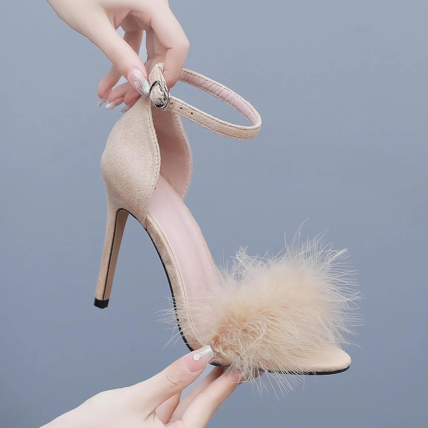 4.15 Inches Women's Ankle Strap Fluffy Feather Ankle Strap Stiletto Heels Sandals Open Toe Party Evening High Heel Pump Shoes