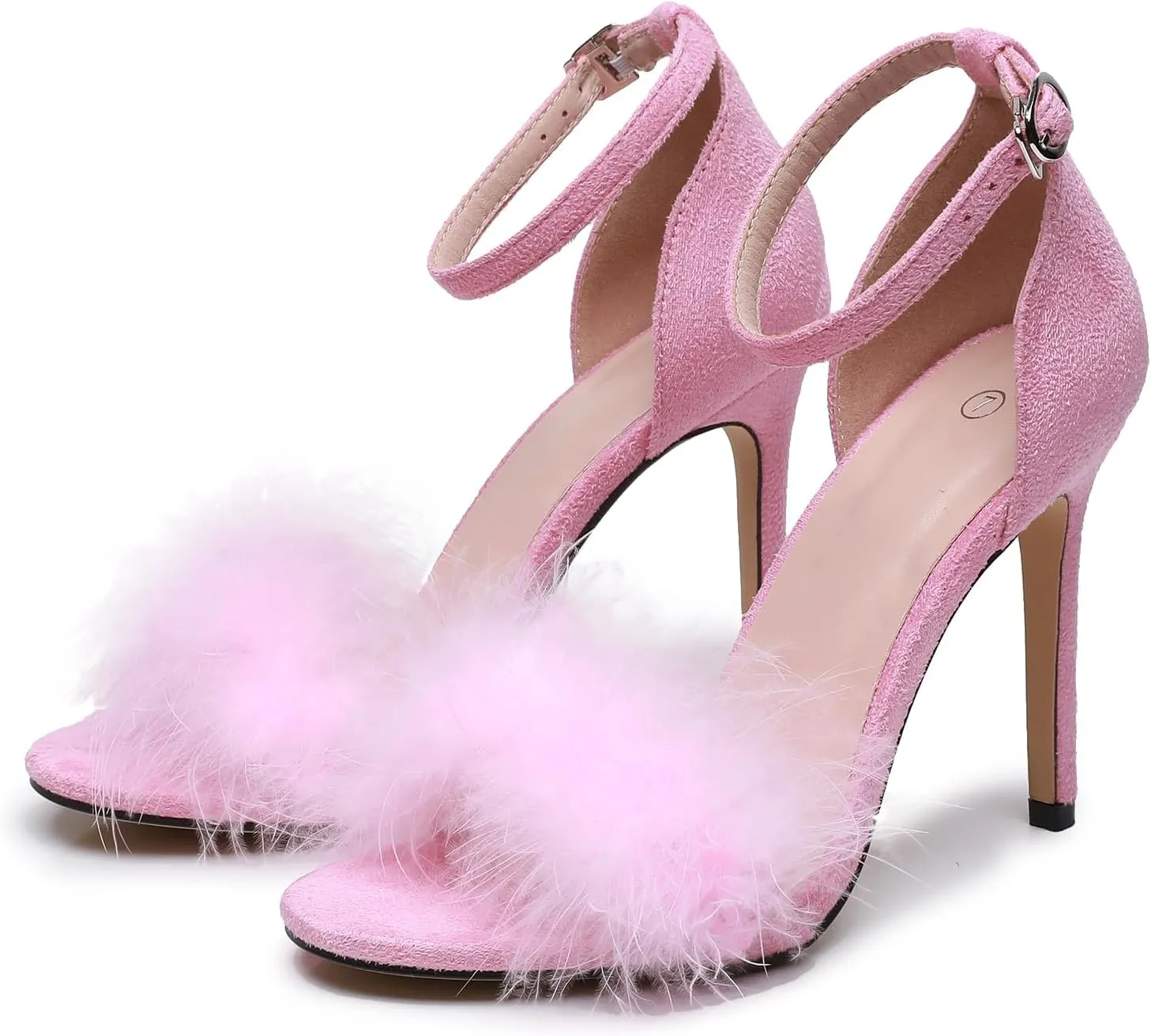 4.15 Inches Women's Ankle Strap Fluffy Feather Ankle Strap Stiletto Heels Sandals Open Toe Party Evening High Heel Pump Shoes