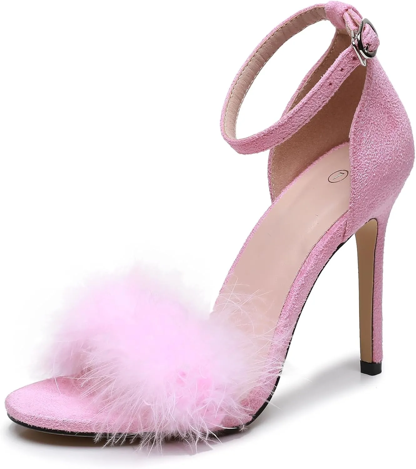 4.15 Inches Women's Ankle Strap Fluffy Feather Ankle Strap Stiletto Heels Sandals Open Toe Party Evening High Heel Pump Shoes